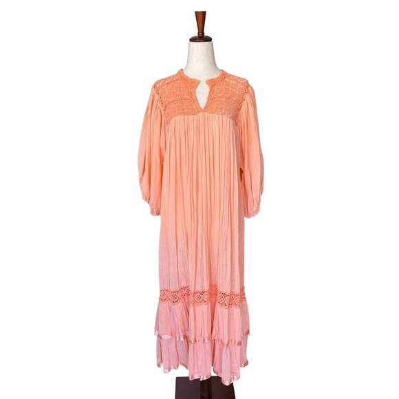 Vintage 70s Peach Cotton Gauze Midi Dress Puff Sleeve Crochet Ribbon Trim Boho - Picture 1 of 13